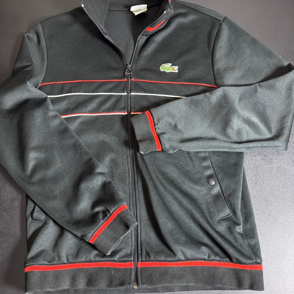Lacoste Sport‎ Track Jacket Mens 4 Medium Black Striped Full Zip Athletic Coat
